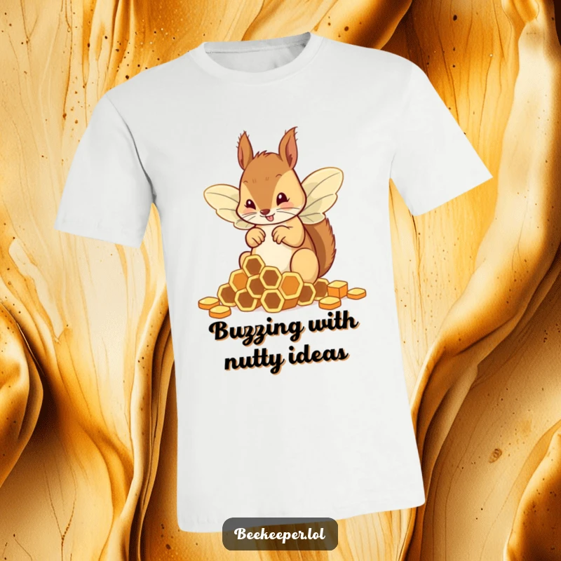 Funny squirrel attempting to sort hexagonal honeycombs while wearing awkward bee wings, printed on a humorous t-shirt.