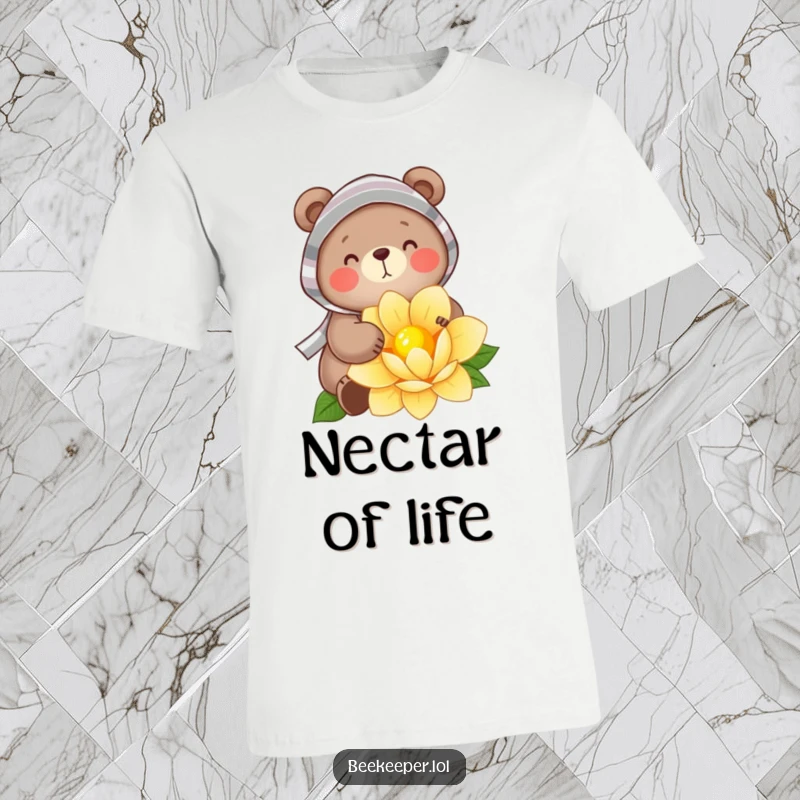 Funny T-Shirt: A cheerful bear in a striped veil gently collecting golden nectar from a large flower, showcasing a humorous and heartwarming nature scene.