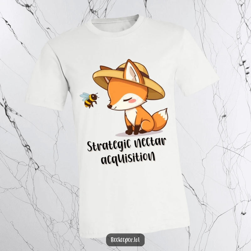 Funny fox wearing a straw hat inspecting a queen bee, printed on a humorous and witty t-shirt.