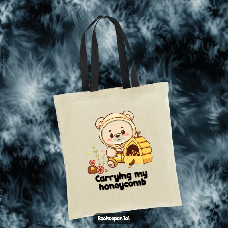 Funny bear cub in a beekeeper suit, peeking into a miniature hive on a tote bag, ideal for carrying discoveries.