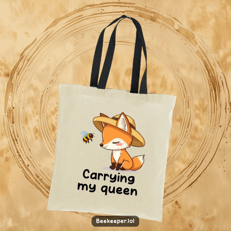 Funny fox in a straw hat cautiously observing a queen bee, printed on a humorous and practical tote bag.