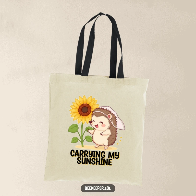 Funny hedgehog in a veil dancing near a sunflower brimming with pollen, on a humorous tote bag.