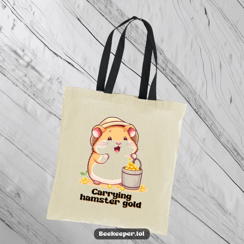 Funny plump hamster in a beekeeper hat, excitedly dropping pollen into a tiny bucket on a tote bag, ideal for carrying essentials.