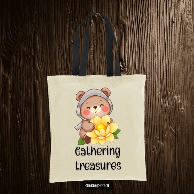 Funny Tote Bag: A cheerful bear wearing a striped veil, gently gathering golden nectar from a flower, a whimsical and charming design for everyday use.