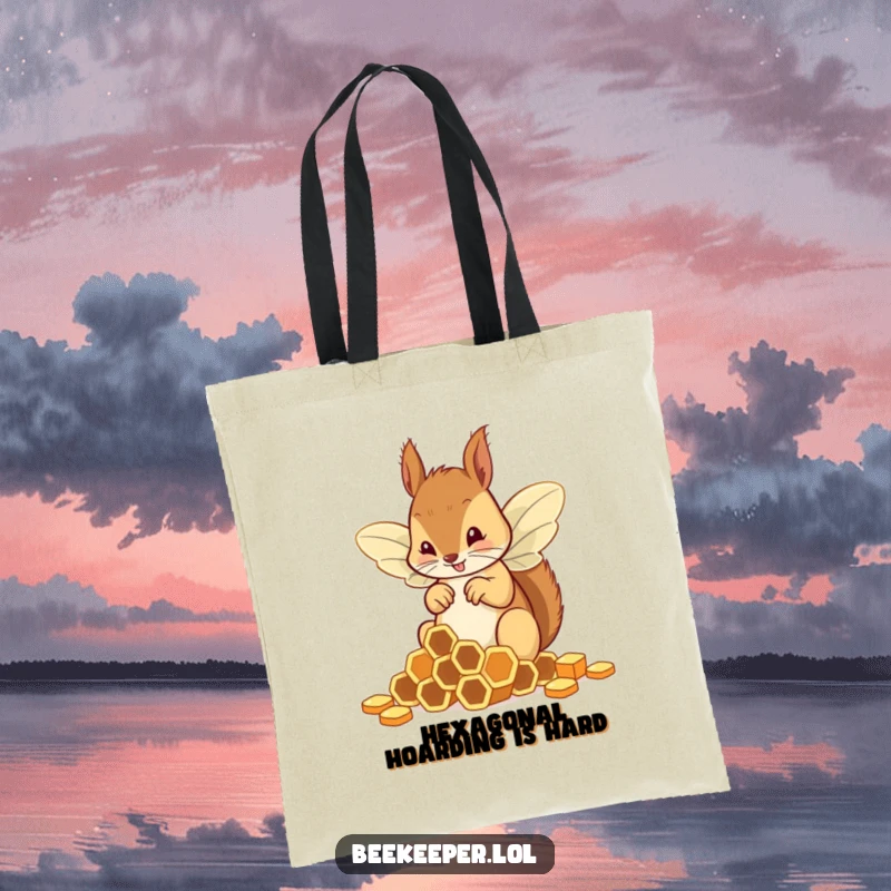 Funny squirrel in bee wings clumsily handling hexagonal honeycombs, featured on a versatile and funny tote bag.